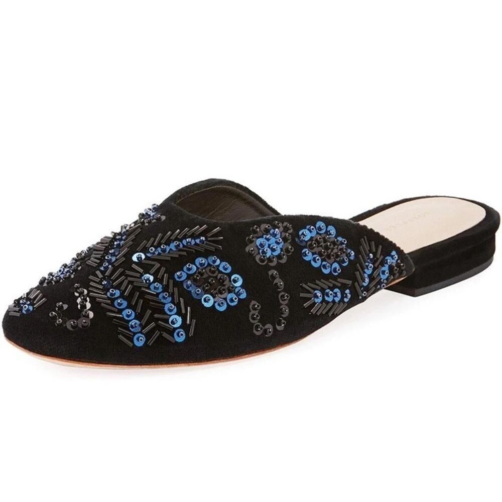 Loeffler Randall Beaded Sequin Suede Mule Flats Black Blue EU 36 US 6